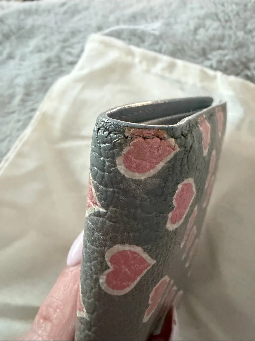 Miu Miu Gray Leather Wallet with Pink Heart Print